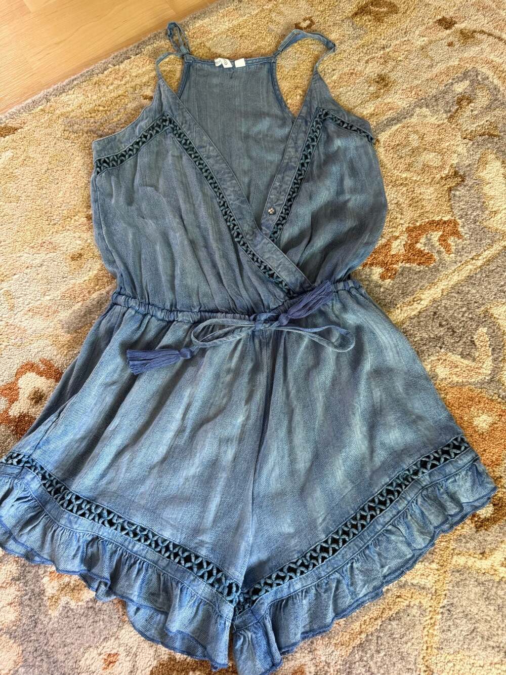 Rip Curl Women's Size S Blue Tie-Dye Romper with Crochet Trim